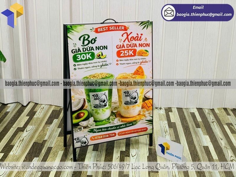 Bảng hiệu menu chữ A 2 mặt di động bằng khung sắt gấp gọn dễ dàng vận chuyển