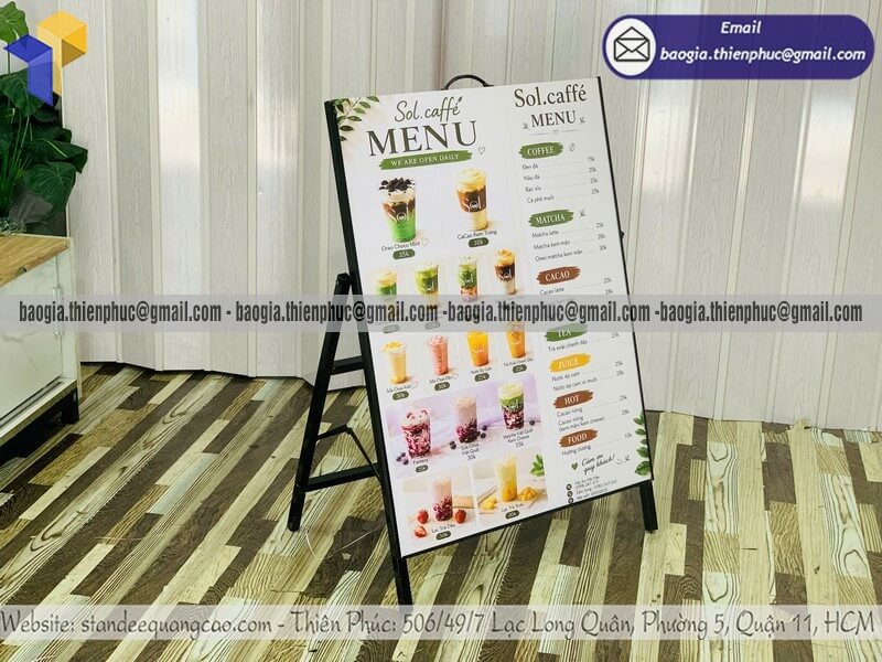 Bảng standee in menu 1 mặt chân sắt cho quán cafe bistro muốn tăng độ nhận diện