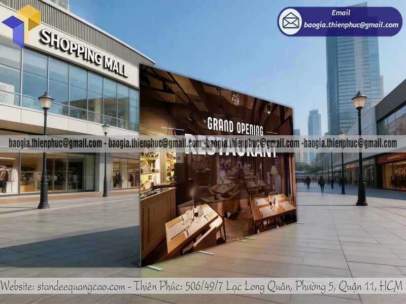 Mẫu backdrop di động cỡ lớn ngoài trời cho khai trương chuyên gia công khung sắt lớn cho siêu thị showroom chi nhanh lớn