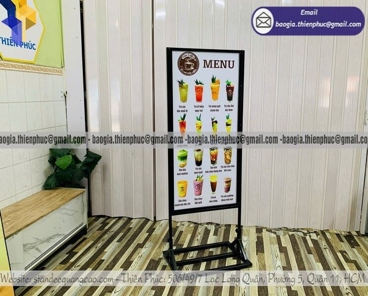 Standee đứng in 2 mặt menu di động cho tiệm cafe cho quán ăn vặt và ăn hàng
