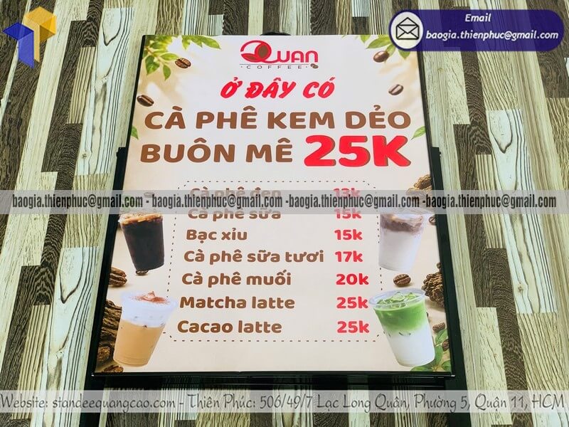 Standee in menu 1 mặt khung sắt bán cafe vỉa hè xưởng Thiên Phúc gia công theo yêu cầu